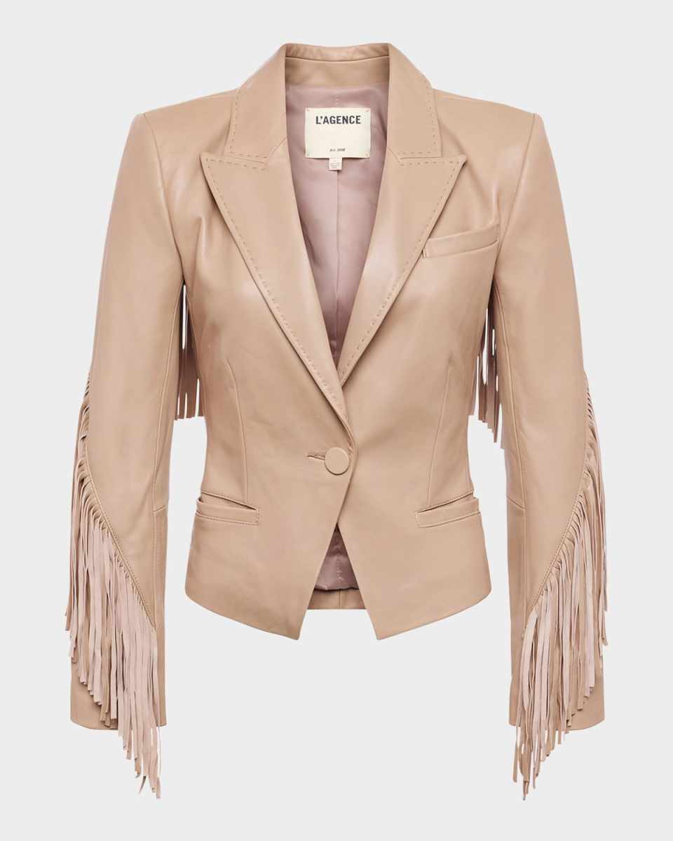 Vashti Fringe-Trim Faux Leather Blazer